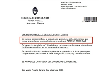 El partido de San Martín advierte por "cocaína de altísima toxicidad"